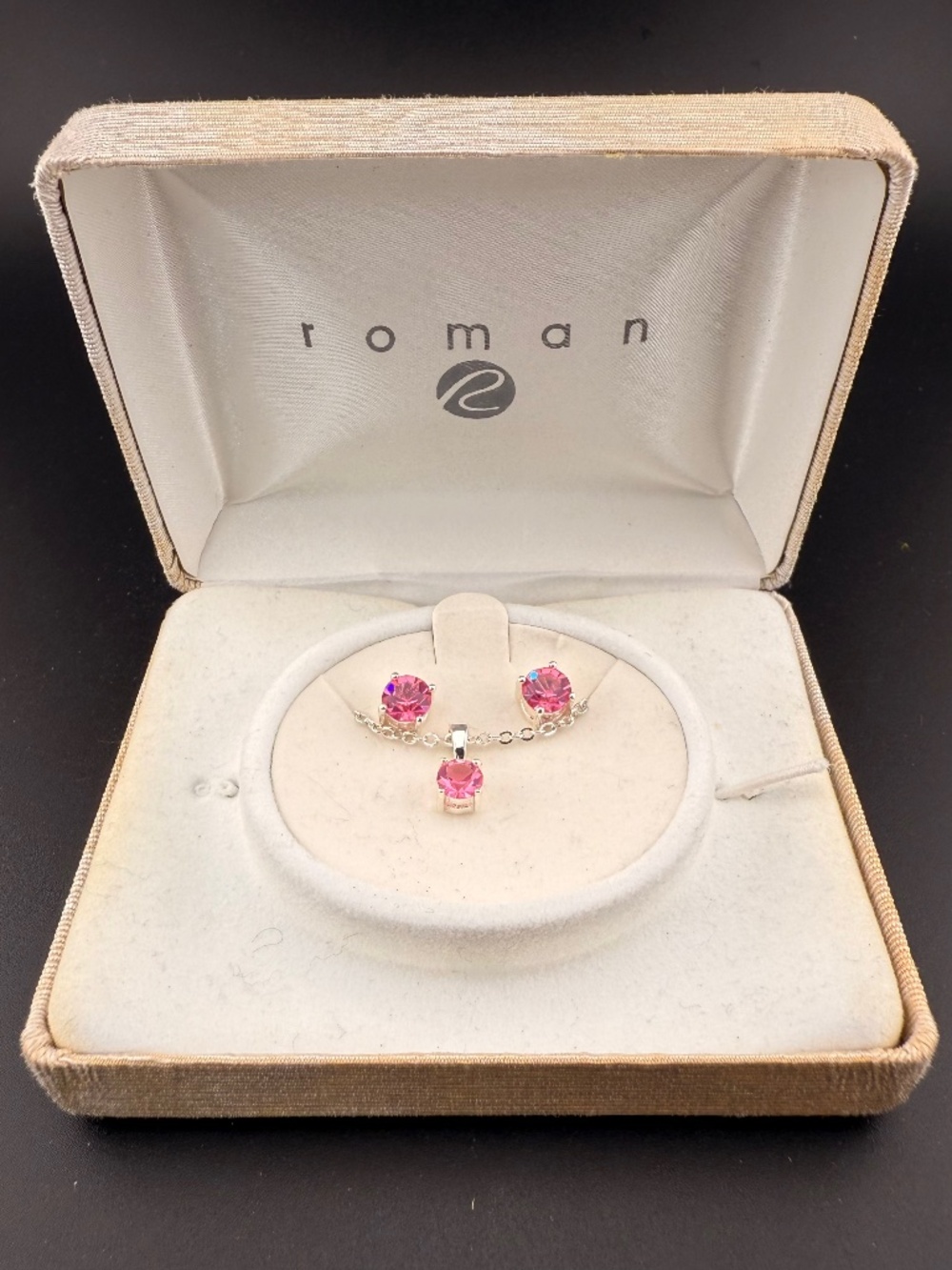 Roman Gift-3pc Jewelry Set Pink Gems Silver Necklace and Earring Set NIB